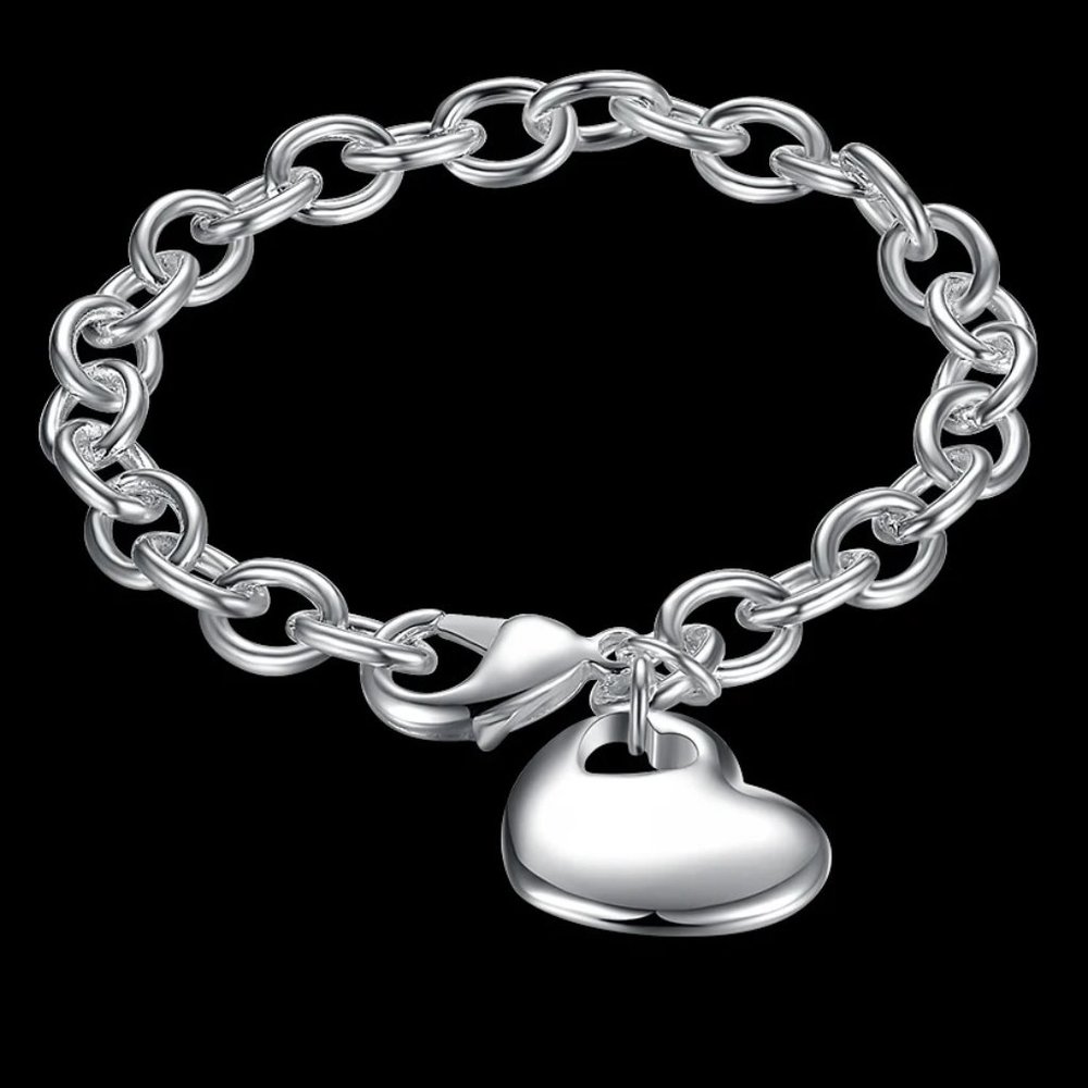 Homage Style Heart Pendant Bracelet 7.50" - Stamped Solid .925 Sterling Silver